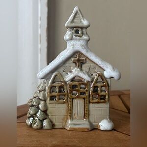 Vintage Handmade Pottery Church Tea Light Holder Snowy Gingerbread 4.5”